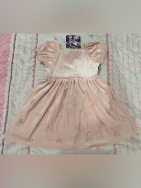 3T, Blueberi Boulevard Peach Velvet Shimmer Bow Print Dress NWT